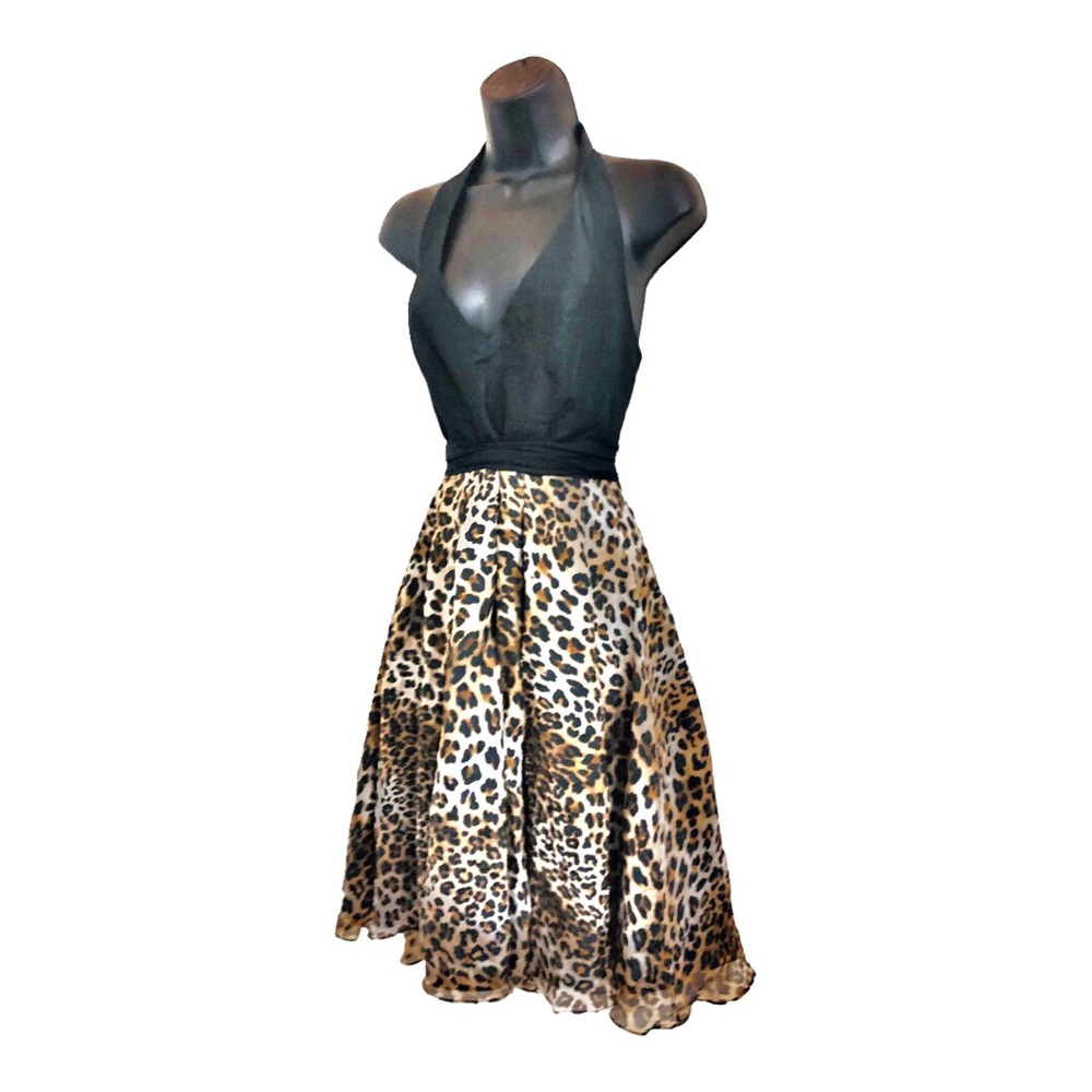 Zara black animal print chiffon skirt belted open back halter dress size small